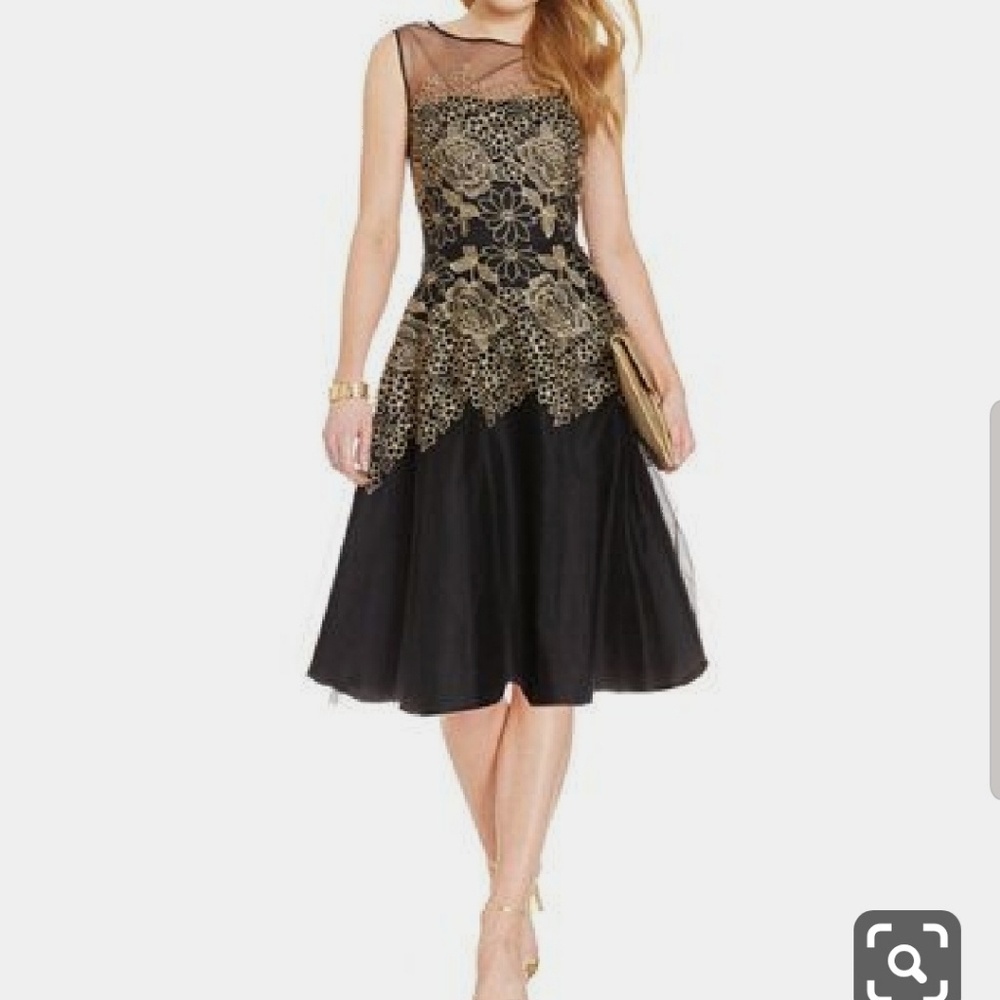 Tahari ASL Black Gold Metallic Dress Sz 2